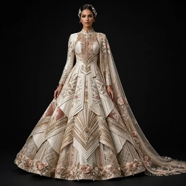 Ivory Champagne Art Deco Architectural Lehenga with Geometric Pleated Panels ExpensiveE Heavy Work 99500