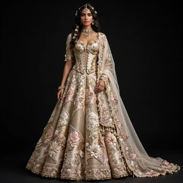 Ivory Blush Pink Corset Lehenga with Giant 3D Lotus and Pearl Tassel Cape ExpensiveE Heavy Work 101500