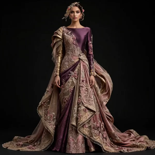 Plum Purple Dusty Rose Draped Saree Lehenga with Metallic Cape ExpensiveE Heavy Work 97500