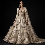 Expensive Ivory Beige Gold Art Deco Geometric Architectural Bridal Lehenga Heavy Sculptural Work 389
