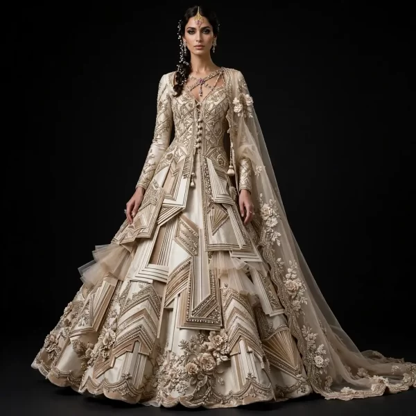 ExpensiveE Ivory Beige Gold Art Deco Geometric Architectural Bridal Lehenga Heavy Sculptural Work 389