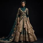 Expensive Teal Green Champagne Gold Temple Gopuram Lotus Bridal Lehenga Heavy Draped Work 390