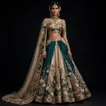 Expensive Champagne Beige Teal Green Gold Lotus Floral Draped Bridal Lehenga Heavy Work 391