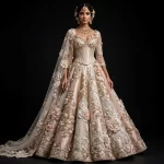 ExpensiveE Ivory Blush Pink Gold Grid Lattice Floral Bridal Lehenga Heavy Corset Work 393