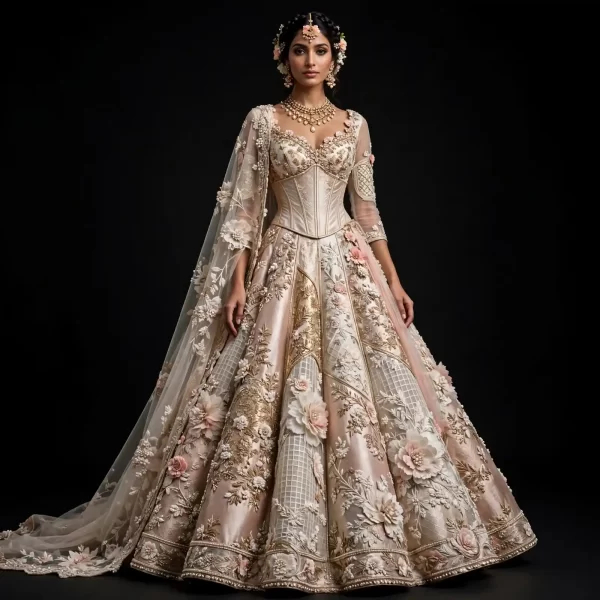 ExpensiveE Ivory Blush Pink Gold Grid Lattice Floral Bridal Lehenga Heavy Corset Work 393