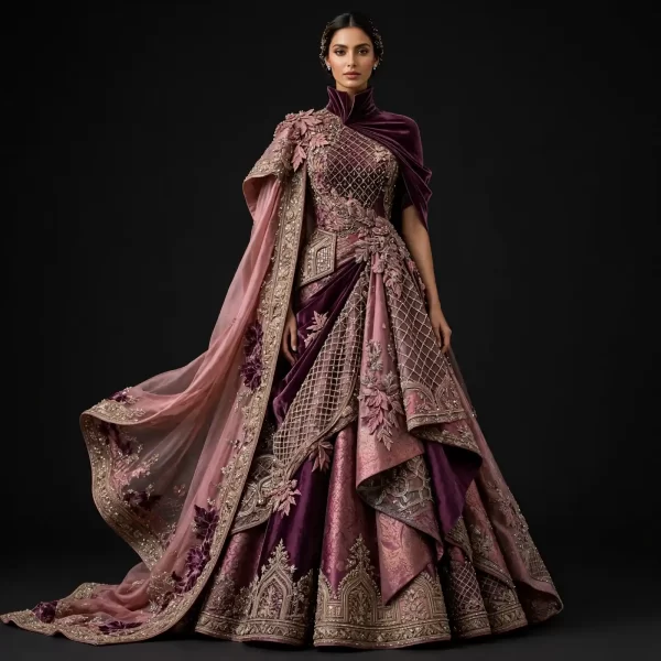 Expensive Dusty Rose Plum Purple Burgundy Gold Diamond Grid Temple Arch Bridal Lehenga Heavy Draped Work 396