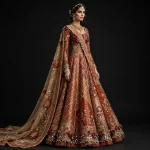 ExpensiveE Rust Orange Beige Gold Diamond Lattice Floral Bridal Lehenga Heavy Mirror Work 397