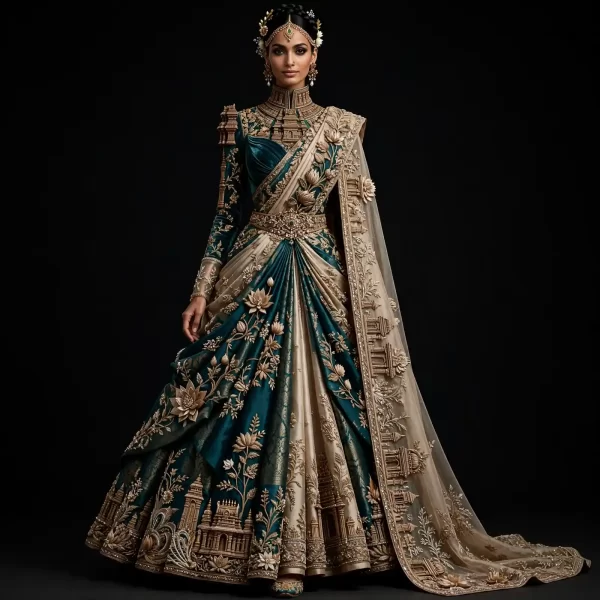 ExpensiveE Teal Blue Champagne Gold Temple Gopuram Lotus Bridal Saree Lehenga Heavy Architectural Work 398