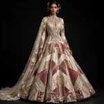 Art Deco Burgundy ExpensiveE Ivory Burgundy Gold Geometric Temple Bridal Lehenga with Origami Panels