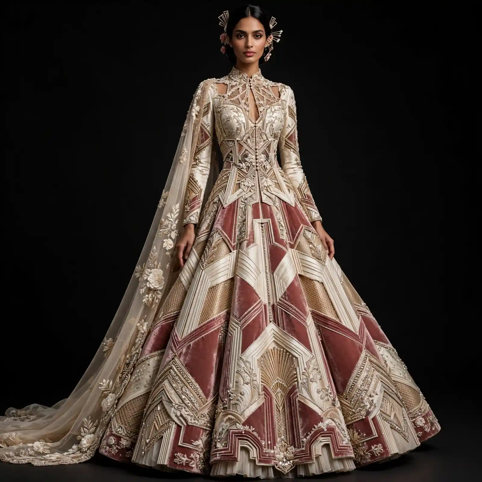 Art Deco Burgundy Expensive Ivory Burgundy Gold Geometric Temple Bridal Lehenga with Origami Panels