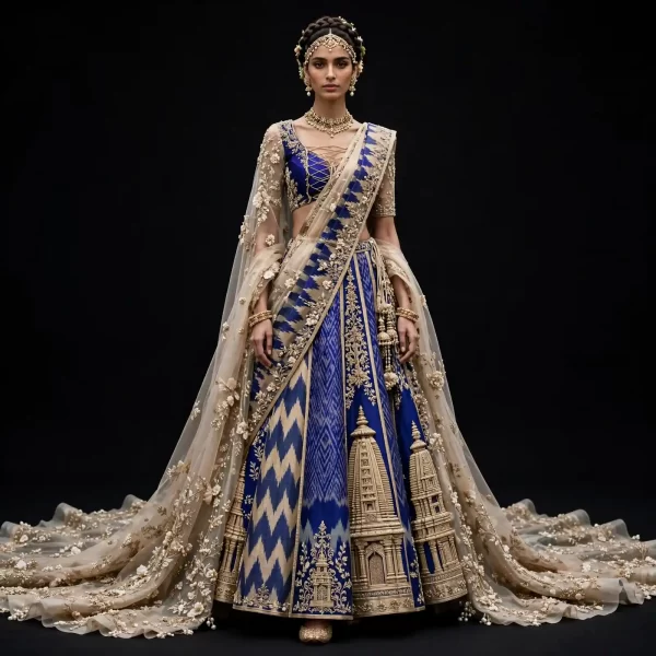 Kashi Vishwanath Temple ExpensiveE Royal Blue Gold Beige Temple Gopuram Ikat Bridal Lehenga with 3D Sculpture