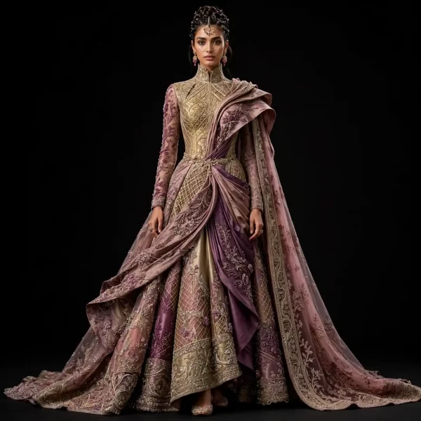 Mauve Gold Lattice ExpensiveE Mauve Plum Gold Saree Drape Bridal Lehenga with Diamond Grid and Floral Vine