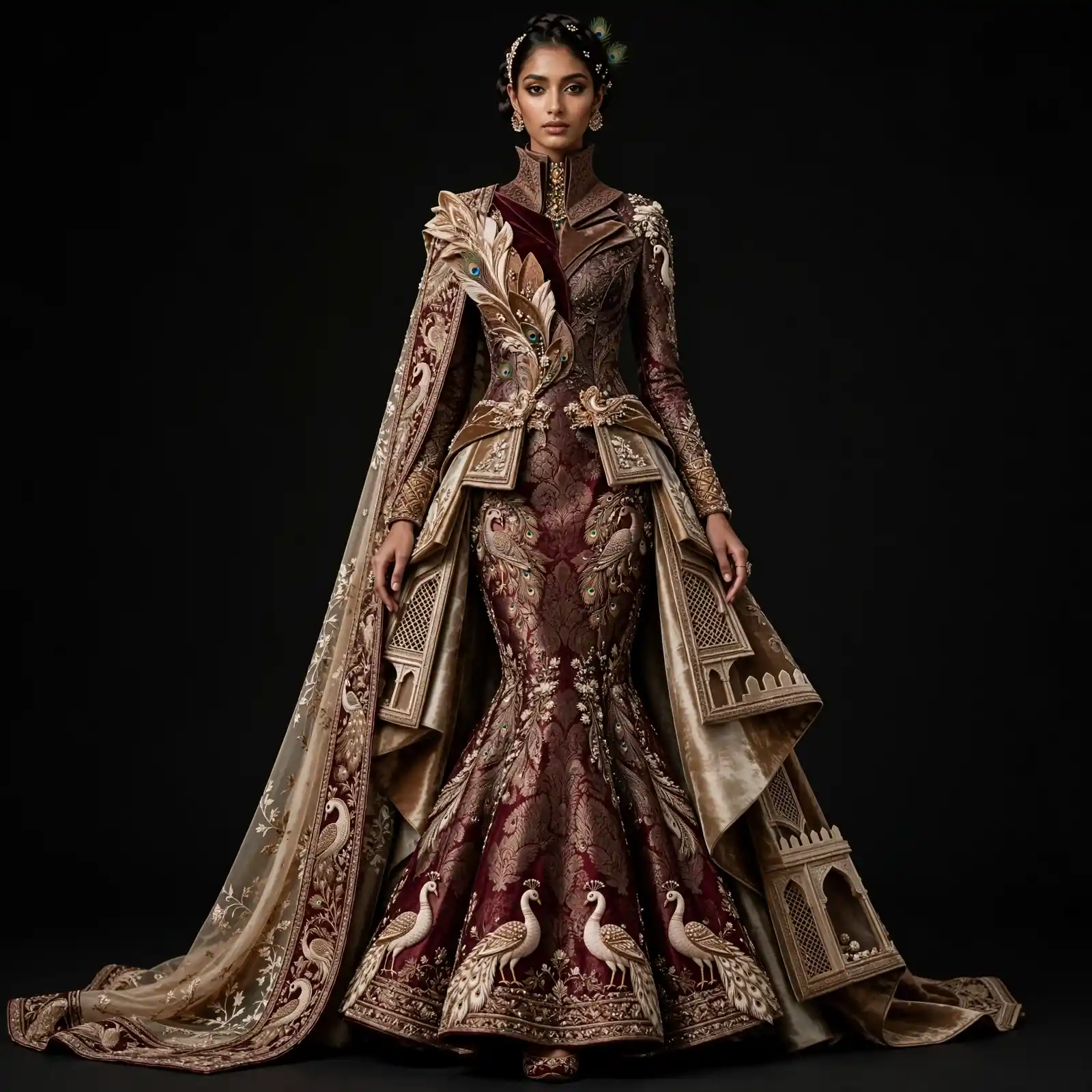 Peacock Mughal Palace ExpensiveE Burgundy Maroon Gold Peacock Feather 3D Peacock Bird Palace Architecture Mermaid Lehenga with Shoulder Armor