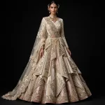 Blush Prism Art Deco ExpensiveE Champagne Blush Pink Ivory Gold Geometric Origami Fan Bridal Lehenga with Cape