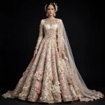 Blush Garden Grandeur Expensive Ivory Blush Pink Gold 3D Floral Pearl Lattice BallGown Bridal Lehenga