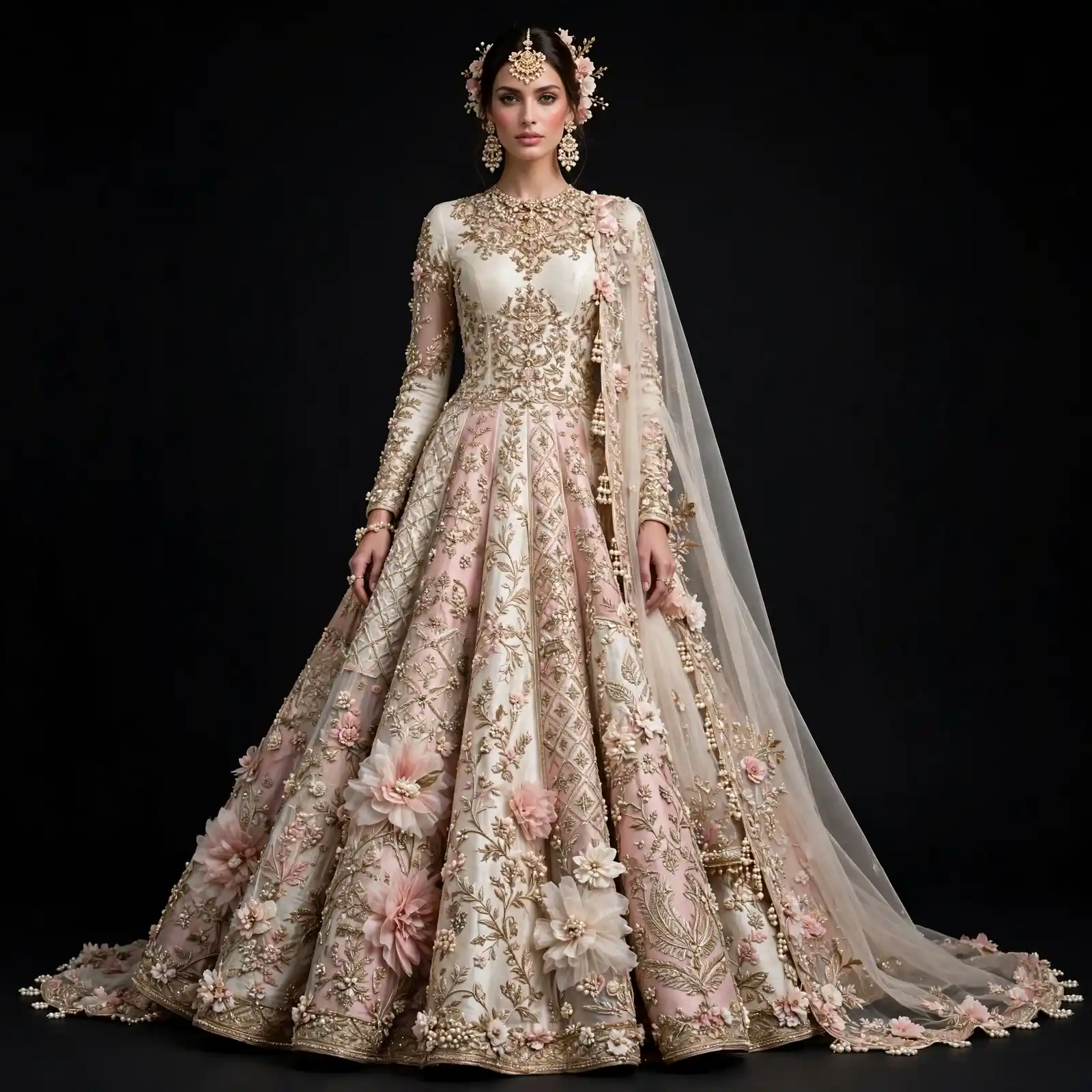 Blush Garden Grandeur ExpensiveE Ivory Blush Pink Gold 3D Floral Pearl Lattice BallGown Bridal Lehenga