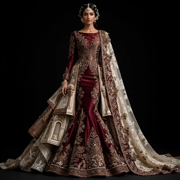 Burgundy Jharokha Temple ExpensiveE Burgundy Maroon Ivory Gold Temple Jharokha Palace Architecture Mermaid Bridal Lehenga with Cage Panels