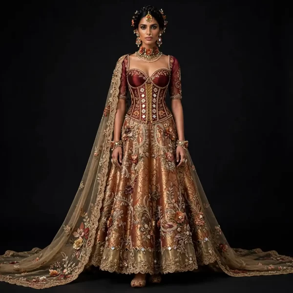 Rust Mirror Corset Maharani ExpensiveE Rust Orange Gold Burgundy Mirror Diamond Floral Corset Bridal Lehenga with Cape