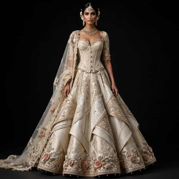 Ivory Mahal ExpensiveE Champagne Ivory Pink Rose 3D Floral Corset Lehenga with Geometric Pleats