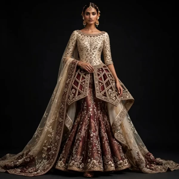 Burgundy Lattice ExpensiveE Burgundy Gold Geometric Peplum Mermaid Lehenga with Floral Embroidery and Cape