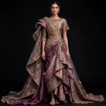 Amethyst Ruffle Expensive Dusty Purple Mauve Gold Draped Ruffle Temple Palace Lehenga with Cape