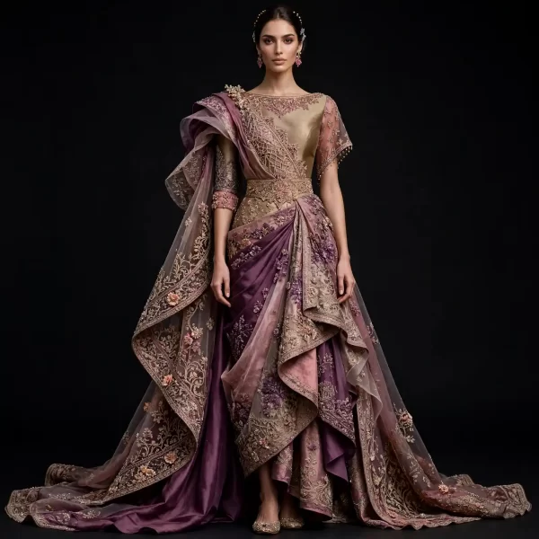 Amethyst Ruffle ExpensiveE Dusty Purple Mauve Gold Draped Ruffle Temple Palace Lehenga with Cape