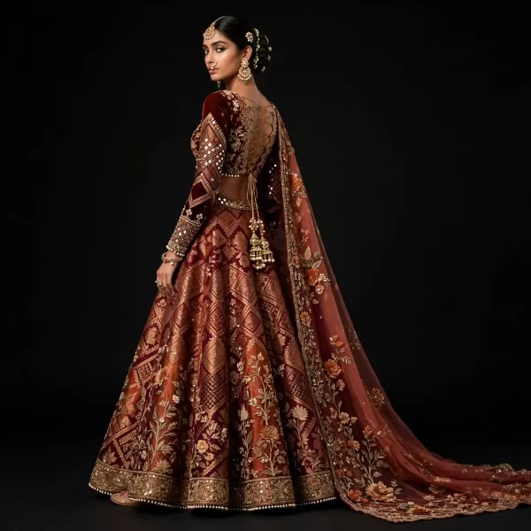 Banarasi Lattice Backless ExpensiveE Burgundy Gold Mirror Diamond Lattice Bridal Lehenga with Temple Embroidery
