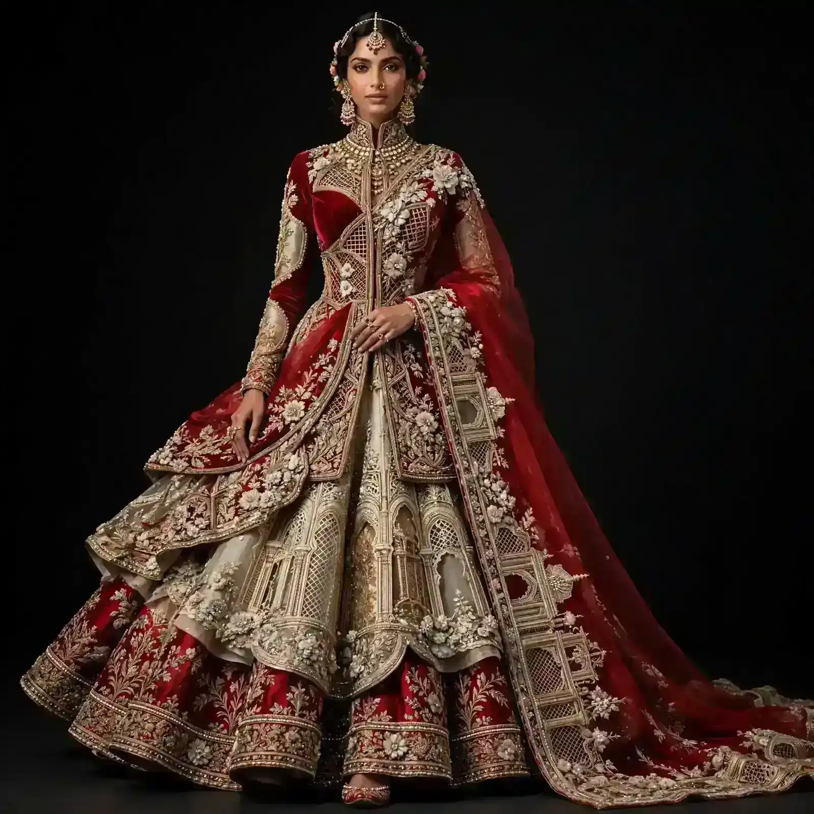 Expensive Deep Maroon Red Ivory Gold Mughal Palace Architect Bridal Lehenga with Floral Lattice and Cathedral Dupatta - Expensive Work 43