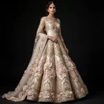 Ivory Blush Palace Garden Expensive Ivory Blush Pink Gold 3D Floral Palace Architecture Bridal Lehenga with Cape