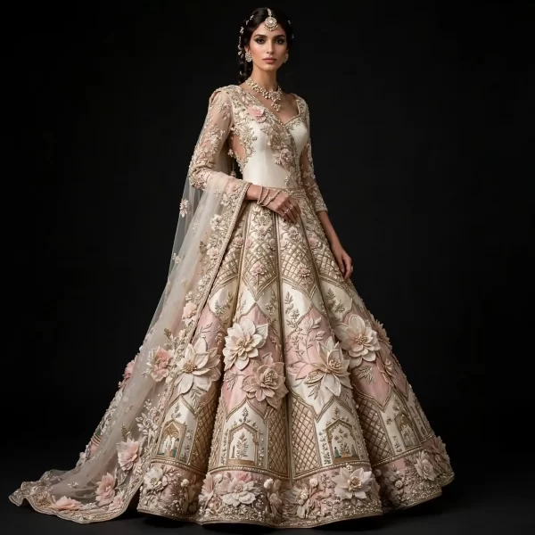 Ivory Blush Palace Garden ExpensiveE Ivory Blush Pink Gold 3D Floral Palace Architecture Bridal Lehenga with Cape