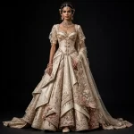 Champagne Rose Ruffle Expensive Champagne Ivory Gold Blush Pink Corset Ruffle Layered Bridal Lehenga with Scalloped Cape