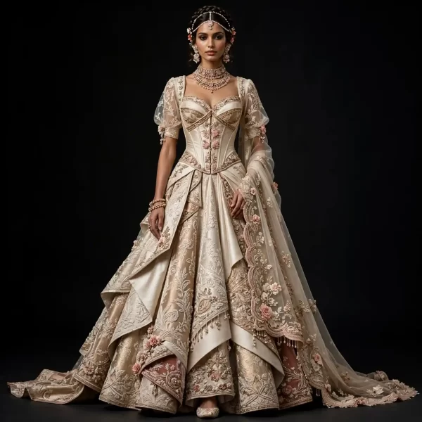 Champagne Rose Ruffle ExpensiveE Champagne Ivory Gold Blush Pink Corset Ruffle Layered Bridal Lehenga with Scalloped Cape