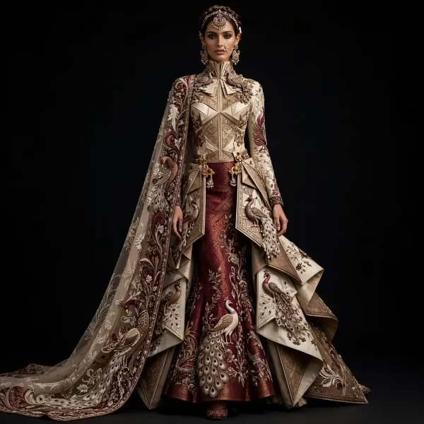 Peacock Royal Origami ExpensiveE Ivory Burgundy Gold Peacock Feather 3D Bird Origami Peplum Mermaid Bridal Lehenga with Cape