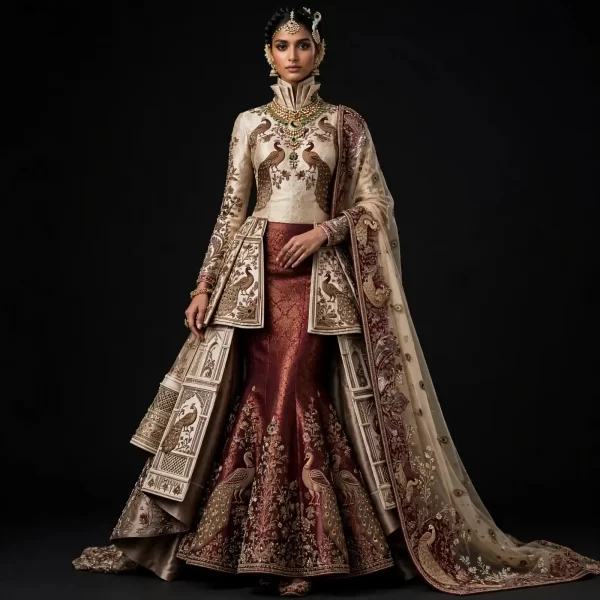 Peacock Peplum Temple ExpensiveE Ivory Burgundy Maroon Gold Peacock Feather Temple Architecture Peplum Mermaid Bridal Lehenga with Cape