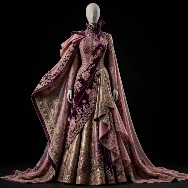 Mauve Plum Royal ExpensiveE Mauve Plum Purple Pink Gold Velvet Saree Draped Heavy Bridal Lehenga with High Neck Cape