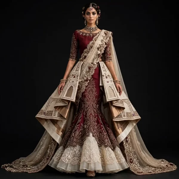 Burgundy Temple Jharokha ExpensiveE Burgundy Maroon Ivory Gold Temple Jharokha Mughal Arch Architecture Mermaid Bridal Lehenga with Cape