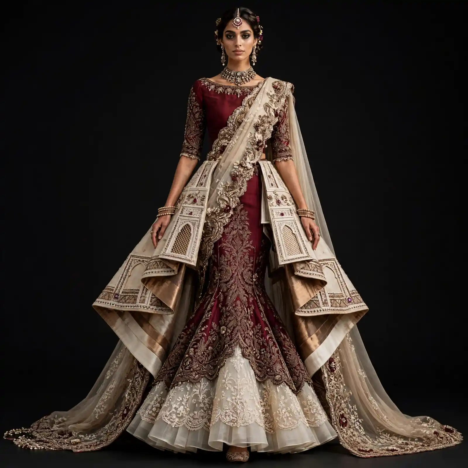 Burgundy Temple Jharokha ExpensiveE Burgundy Maroon Ivory Gold Temple Jharokha Mughal Arch Architecture Mermaid Bridal Lehenga with Cape