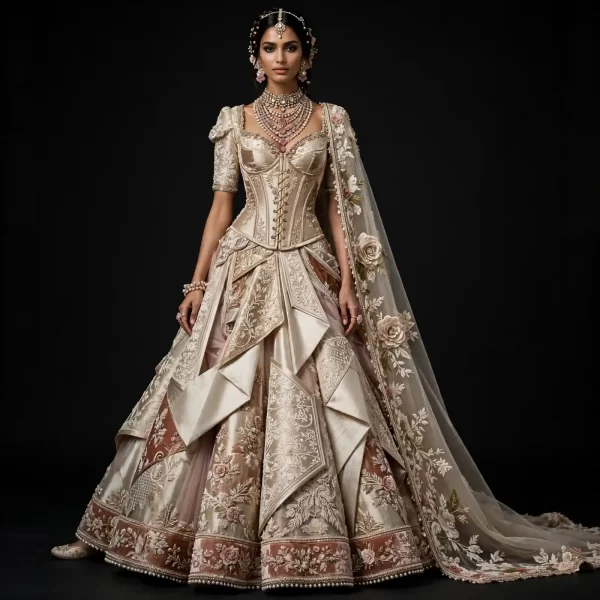Ivory Corset Origami ExpensiveE Champagne Ivory Blush Gold Corset Origami Layered Draped Bridal Lehenga with Rose Cape