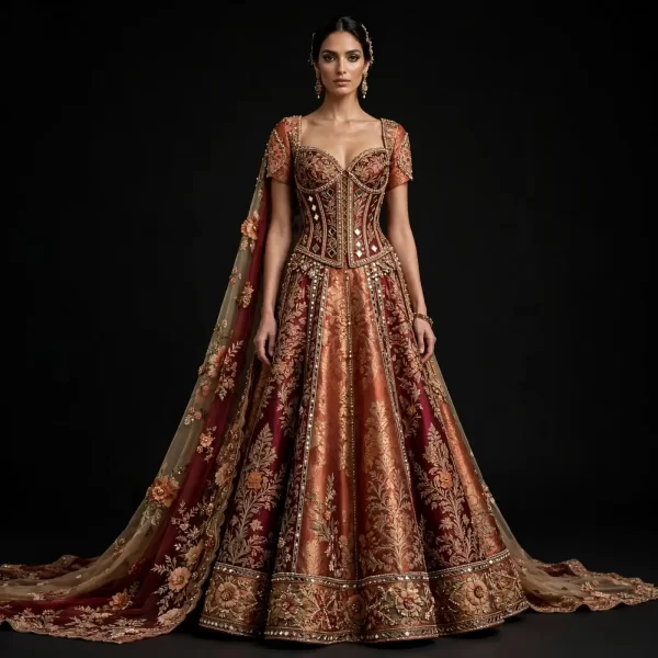 Rust Gold Mirror Corset ExpensiveE Rust Orange Gold Burgundy Maroon Mirror Diamond Grid Corset Bridal Lehenga with Cape