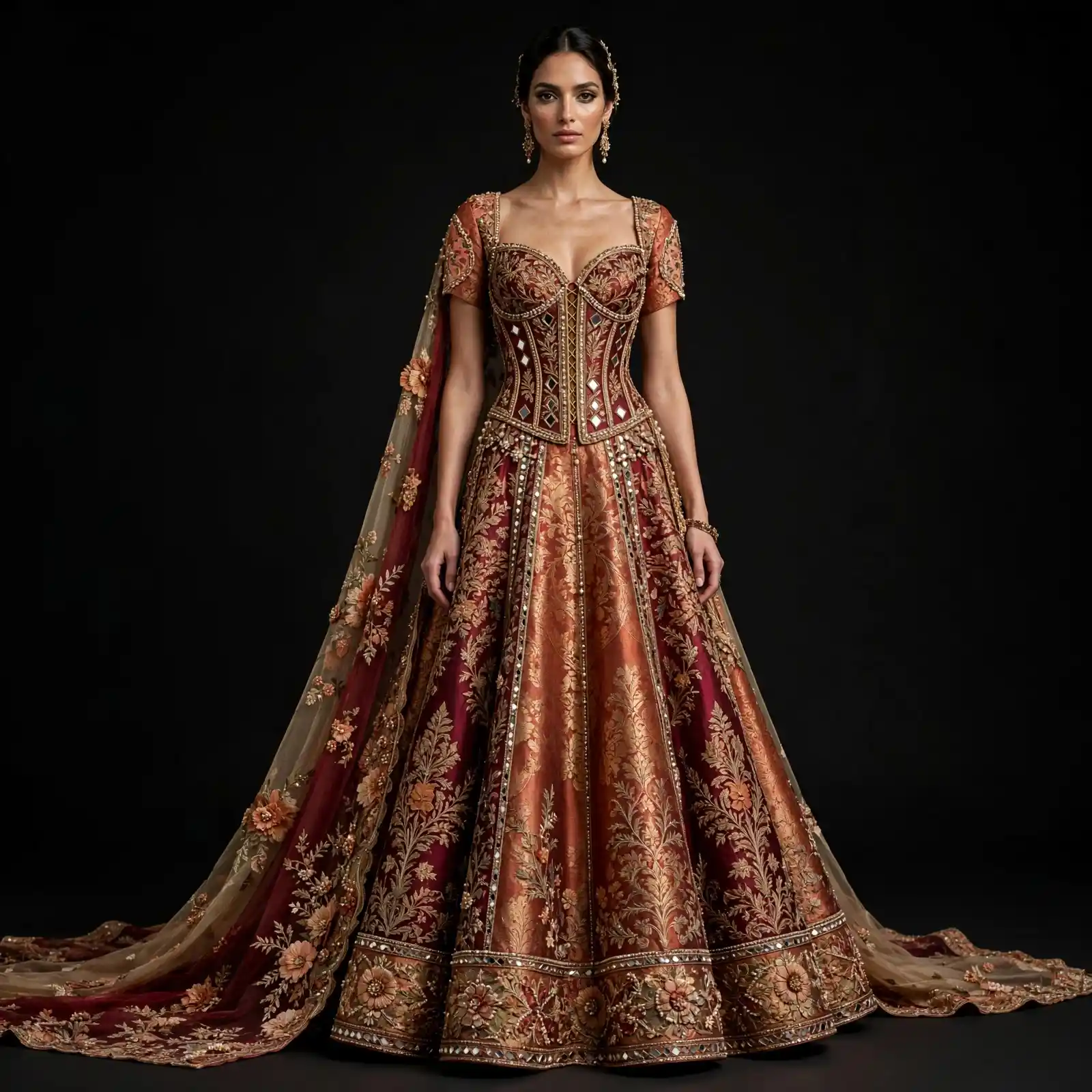 Rust Gold Mirror Corset ExpensiveE Rust Orange Gold Burgundy Maroon Mirror Diamond Grid Corset Bridal Lehenga with Cape