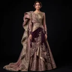 Mauve Velvet Saree Draped ExpensiveE Mauve Plum Purple Pink Gold Velvet Saree Draped Bridal Lehenga with Floral 3D and Cape