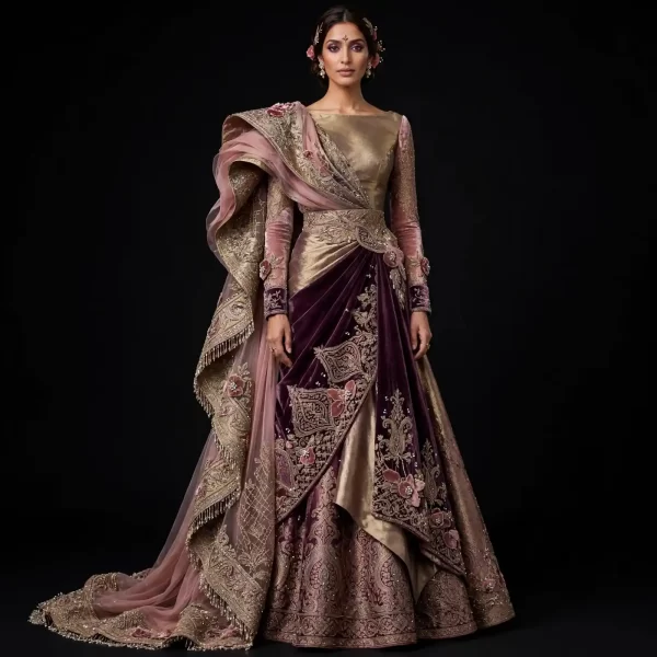 Mauve Velvet Saree Draped ExpensiveE Mauve Plum Purple Pink Gold Velvet Saree Draped Bridal Lehenga with Floral 3D and Cape