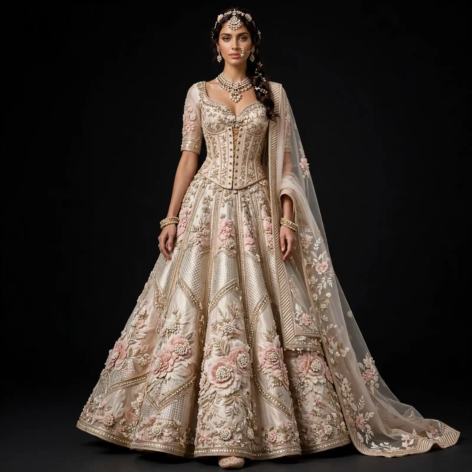Expensive Ivory Blush Pink Gold Corset Lace-Up Bridal Lehenga Heavy 3D Rose Work 439