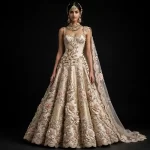 Expensive Champagne Ivory Gold Corset Pearl Button Bridal Lehenga Heavy 3D Rose Work 440
