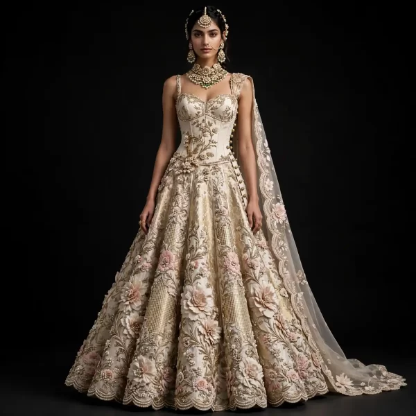 ExpensiveE Champagne Ivory Gold Corset Pearl Button Bridal Lehenga Heavy 3D Rose Work 440