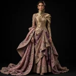 Expensive Champagne Gold Dusty Rose Plum Purple Floral Draped Bridal Lehenga Heavy Sculptural Work 444