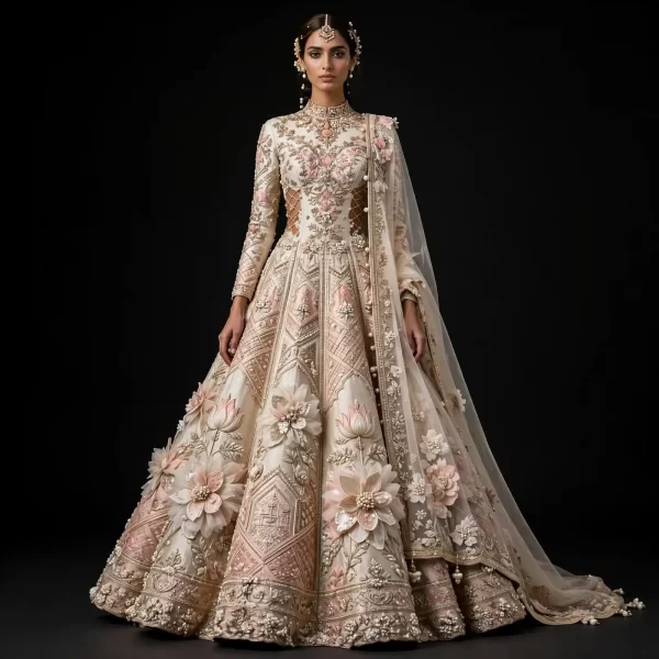 ExpensiveE Ivory Blush Pink Gold Corset Lattice Cutout Bridal Lehenga Heavy 3D Lotus Work 446