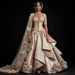 Champagne Rose Gold Dusty Pink Corset ExpensiveE Bridal Lehenga with 3D Floral Sculpted Panels and Scalloped Cape - 450