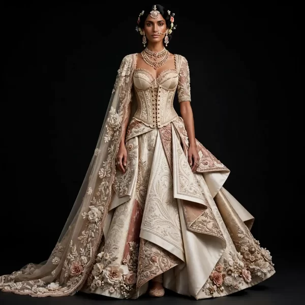 Champagne Rose Gold Dusty Pink Corset ExpensiveE Bridal Lehenga with 3D Floral Sculpted Panels and Scalloped Cape - 450