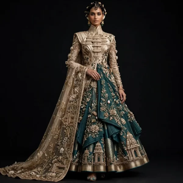 Teal Emerald Green Gold Temple Lotus ExpensiveE Saree Draped Bridal Lehenga with 3D Temple Gopuram and Floral Cape - 452
